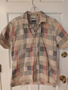 Barbour Oakshore Summer Fit Men's Sz M Stone Plaid Short Sleeve Cotton Shirt
